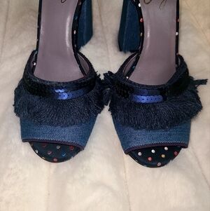 Chic Denim Fringe Heels with Sequin Accents